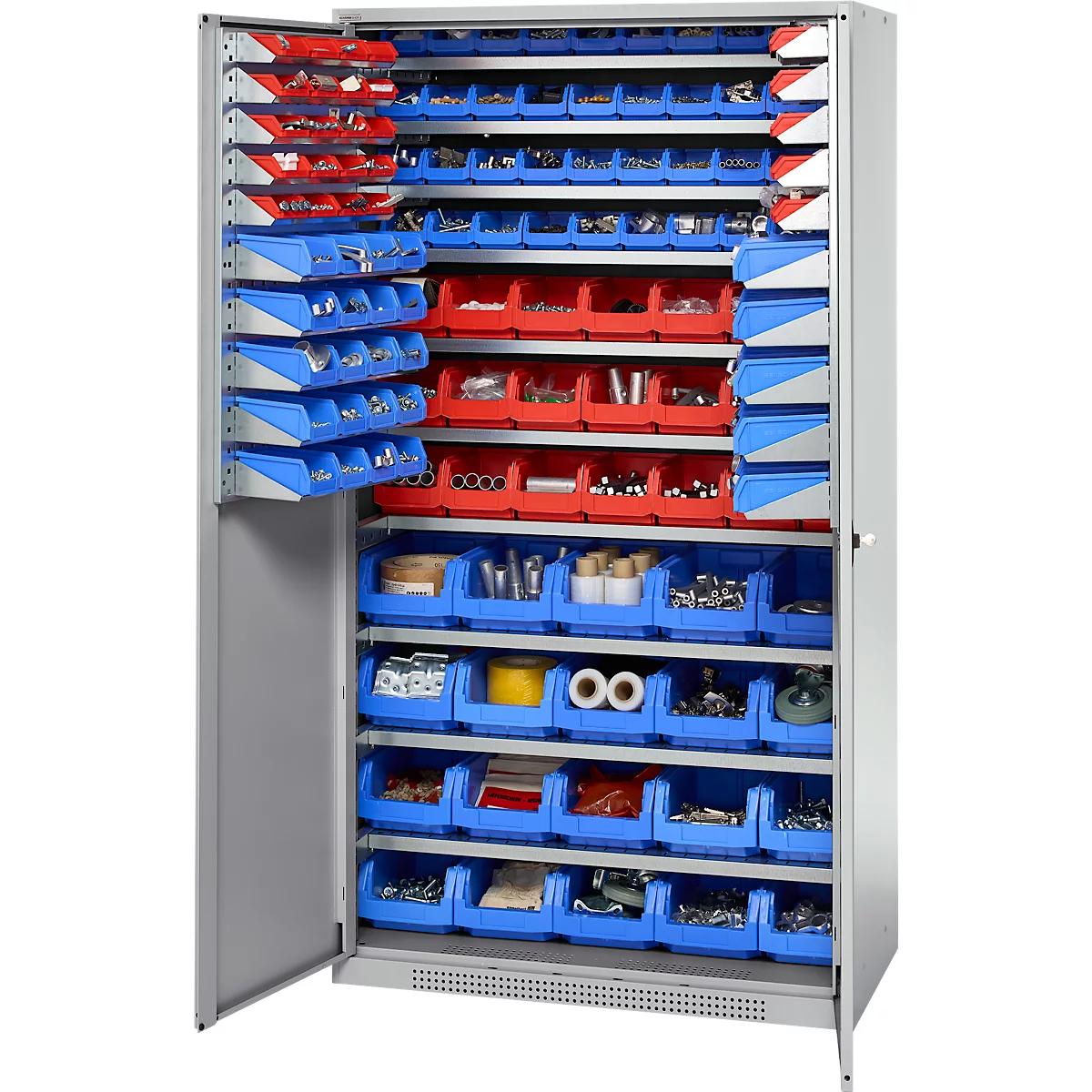 Grauer Werkzeugschrank mit geöffneter Tür. Blaue und rote Schubladen sind mit Werkzeugen und Kleinteilen gefüllt.