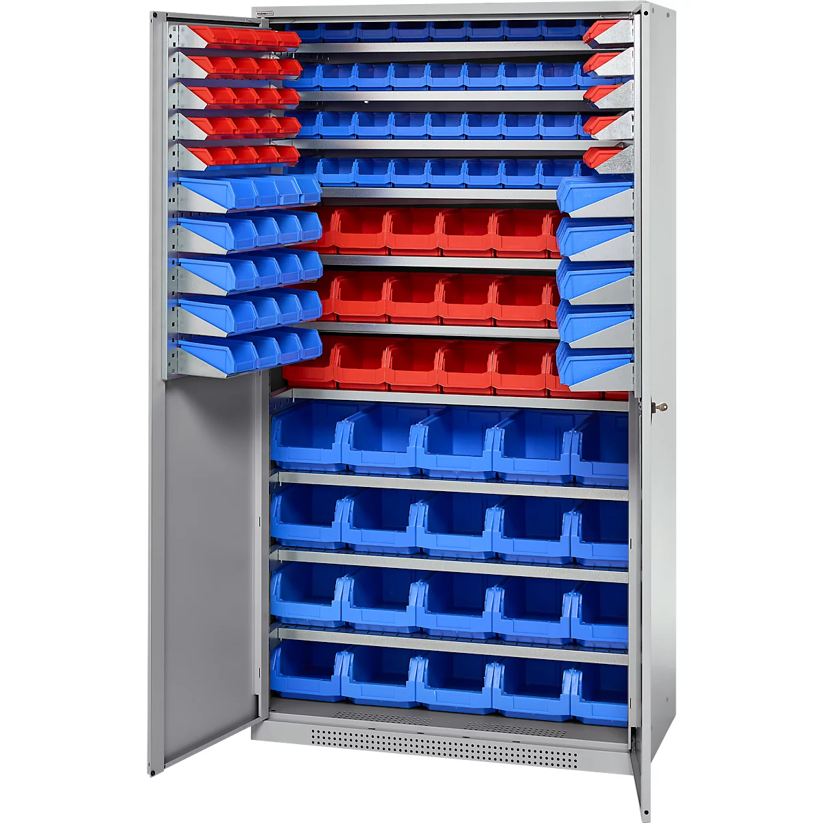 Grauer Werkzeugschrank mit blauen und roten Lagerboxen, die offen sind.