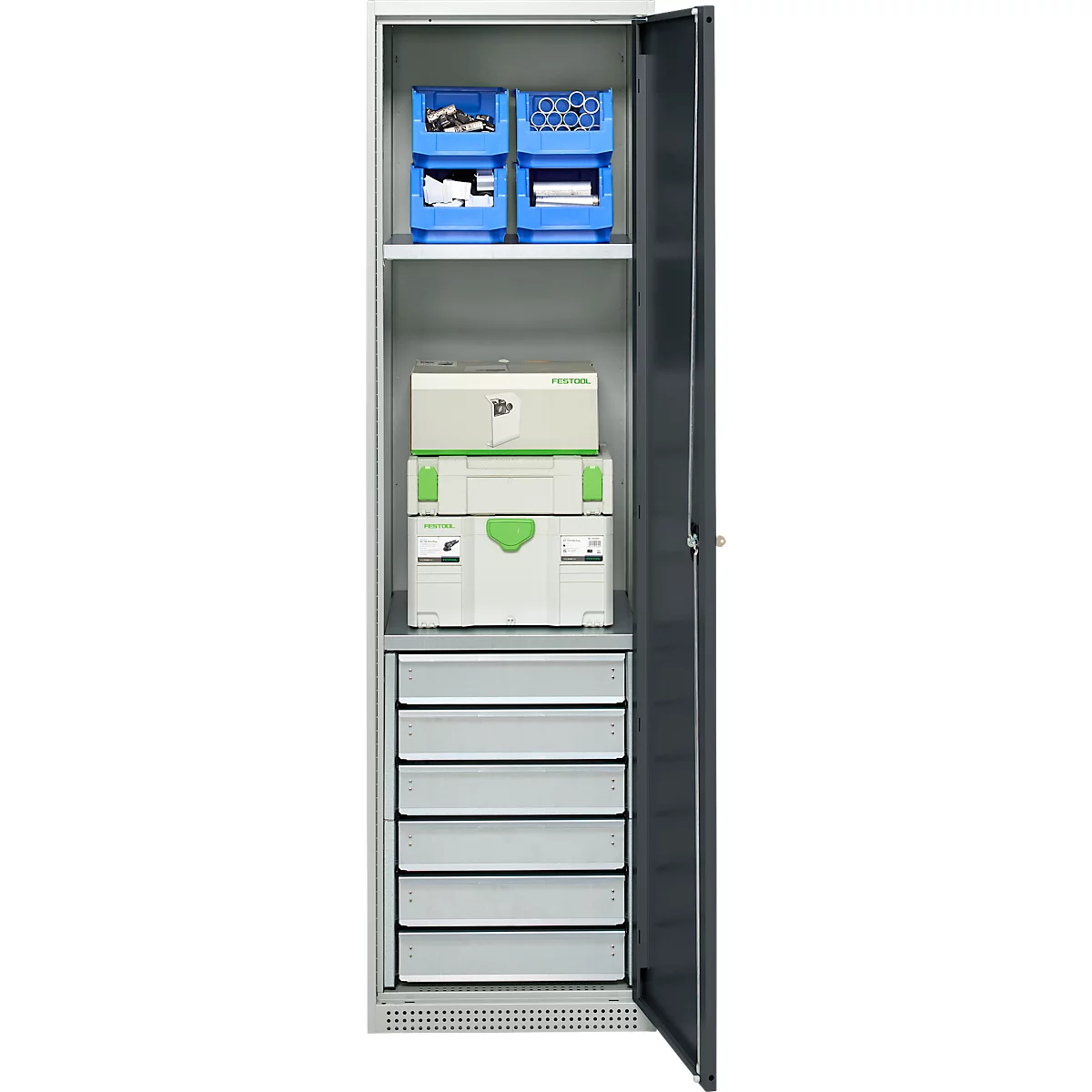 Schäfer Shop Genius materiaalkast FS, 5 OH, afsluitbaar, 2 legborden/6 laden, tot 250 kg, B 545 x D 520 x H 1950 mm, staal, lichtgrijs/antracietgrijs
