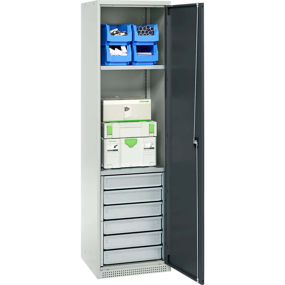 Schäfer Shop Genius materiaalkast FS, 5 OH, afsluitbaar, 2 legborden/6 laden, tot 250 kg, B 545 x D 520 x H 1950 mm, staal, lichtgrijs/antracietgrijs