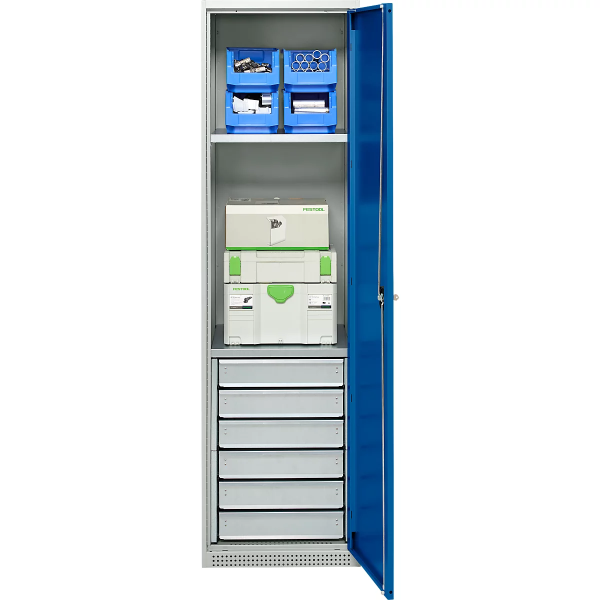 Schäfer Shop Genius materiaalkast FS, 5 OH, afsluitbaar, 2 legborden/6 laden, tot 250 kg, B 545 x D 520 x H 1950 mm, staal, lichtgrijs/gentiaanblauw