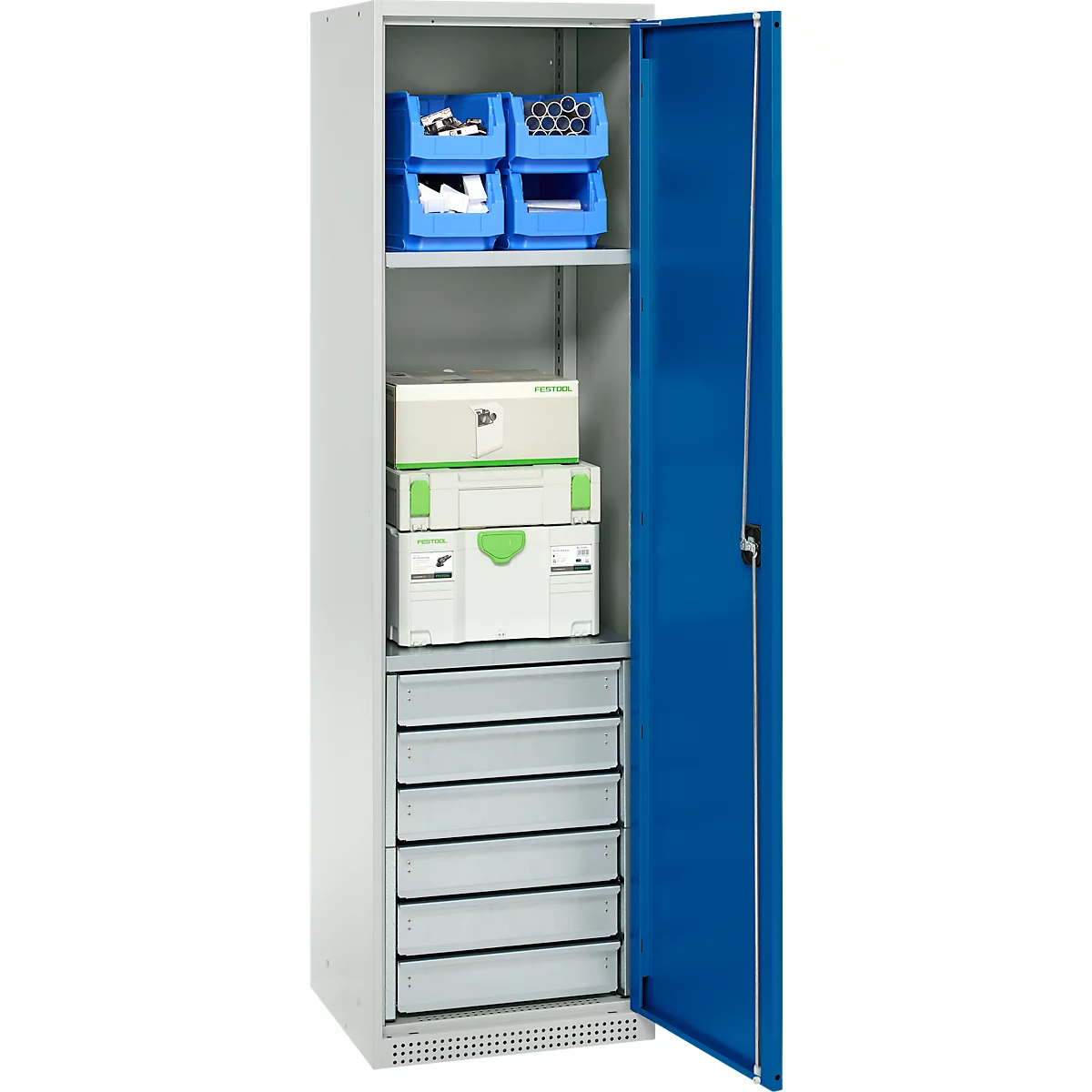 Schäfer Shop Genius materiaalkast FS, 5 OH, afsluitbaar, 2 legborden/6 laden, tot 250 kg, B 545 x D 520 x H 1950 mm, staal, lichtgrijs/gentiaanblauw