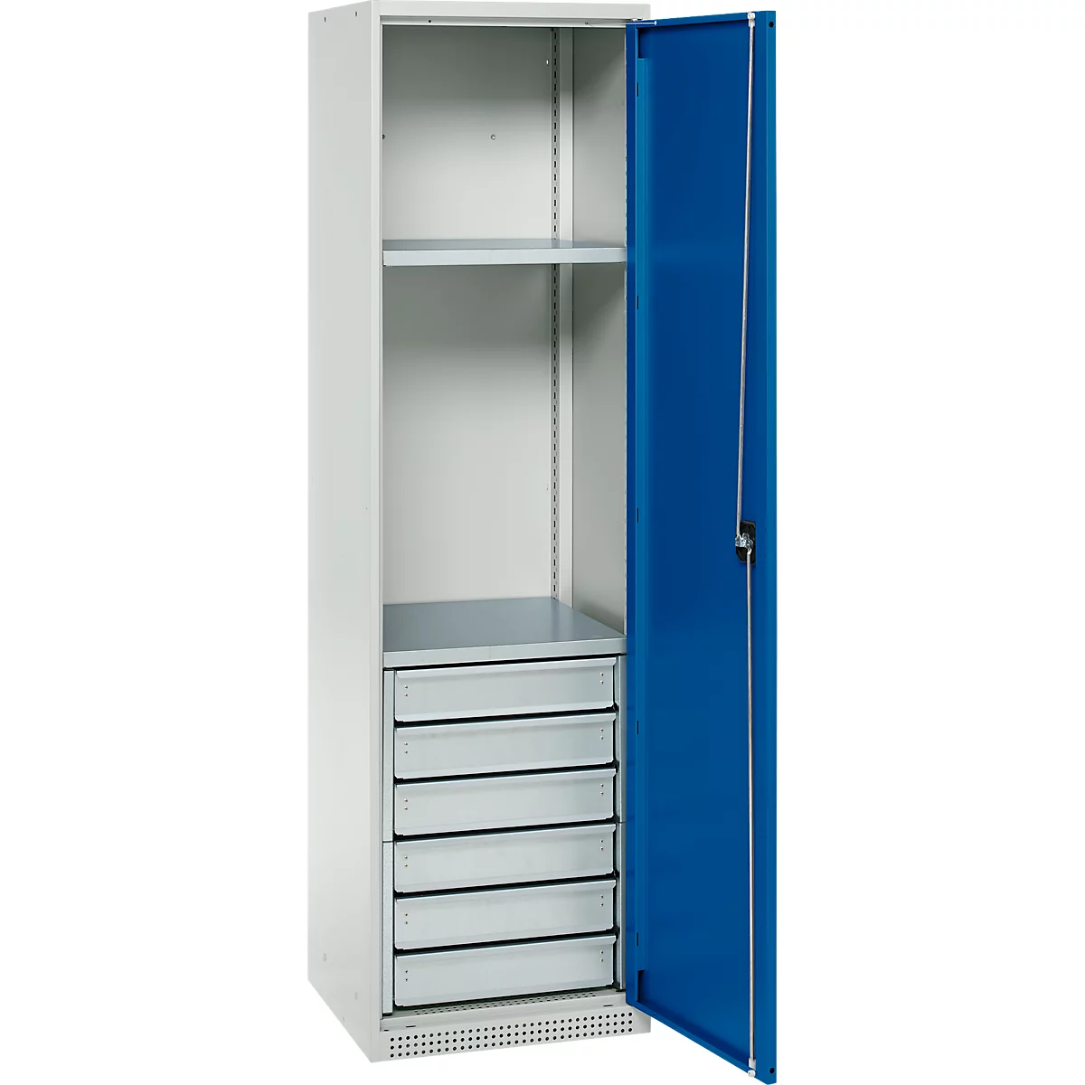 Schäfer Shop Genius materiaalkast FS, 5 OH, afsluitbaar, 2 legborden/6 laden, tot 250 kg, B 545 x D 520 x H 1950 mm, staal, lichtgrijs/gentiaanblauw