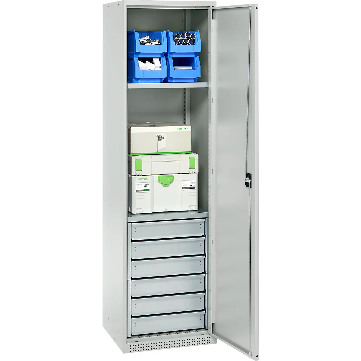 Schäfer Shop Genius materiaalkast FS, 5 OH, afsluitbaar, 2 legborden/6 laden, tot 250 kg, B 545 x D 520 x H 1950 mm, staal, lichtgrijs/lichtgrijs
