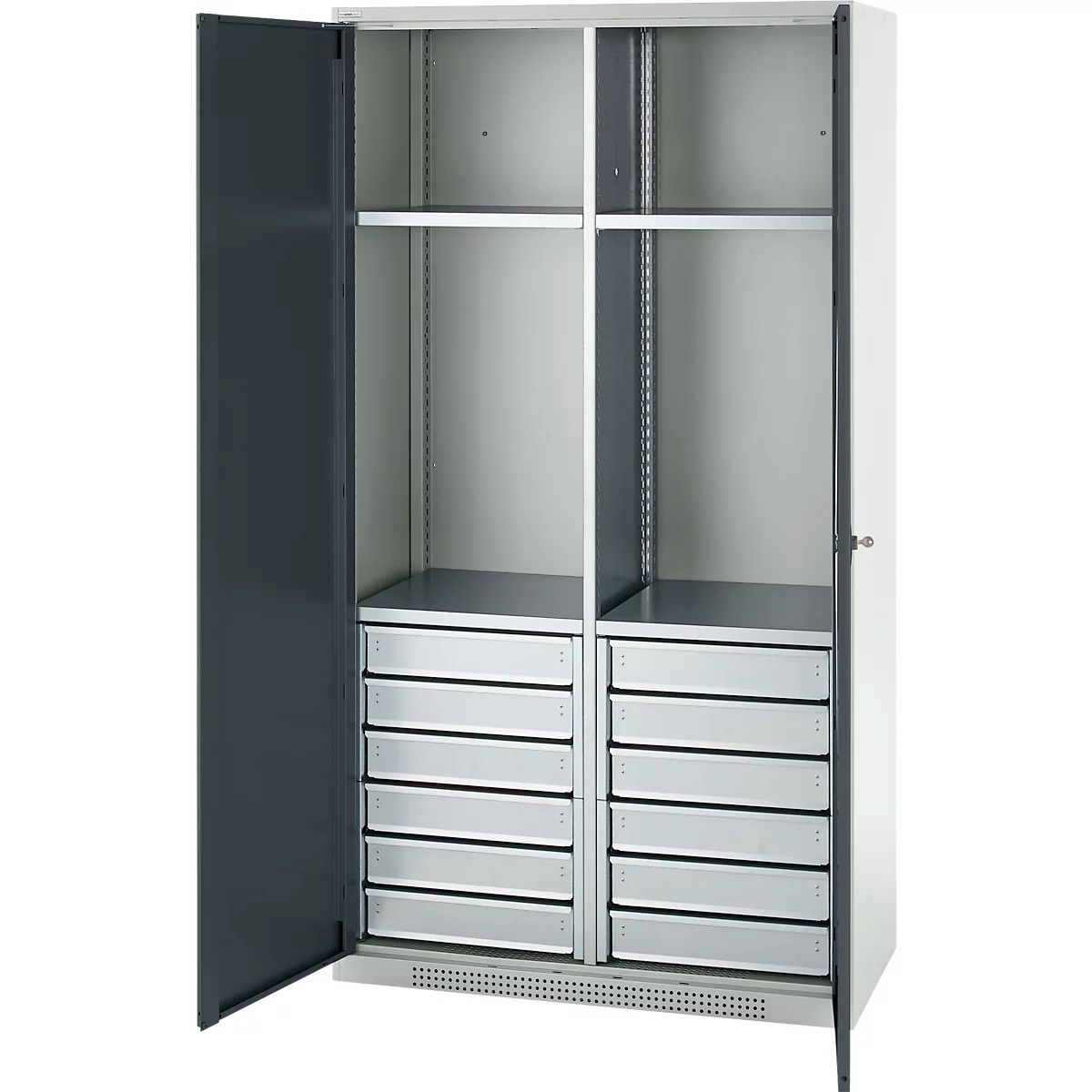 Schäfer Shop Genius materiaalkast FS, 5 OH, afsluitbaar, 4 legborden/12 laden, tot 450 kg, B 1055 x D 520 x H 1950 mm, staal, lichtgrijs/antracietgrijs