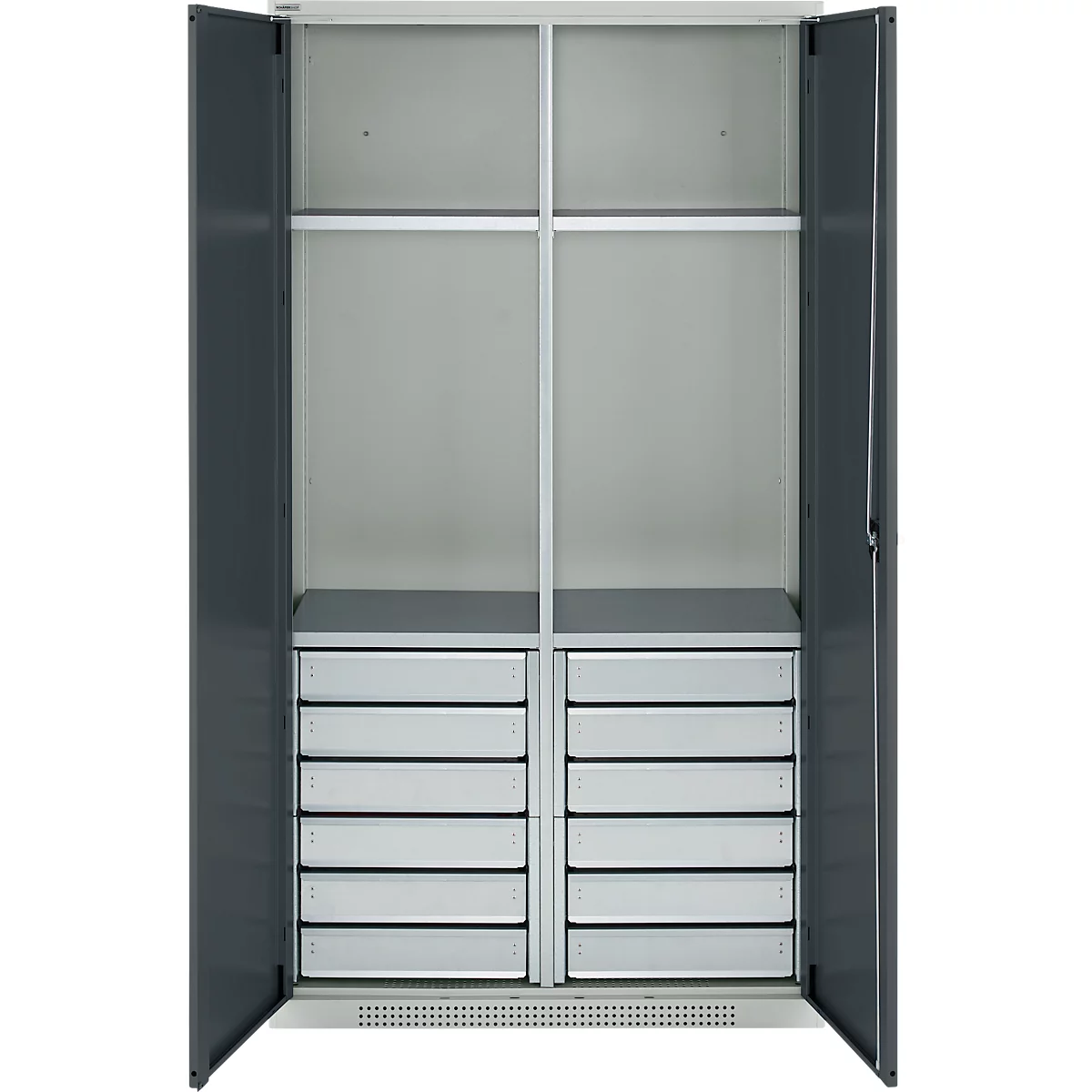 Schäfer Shop Genius materiaalkast FS, 5 OH, afsluitbaar, 4 legborden/12 laden, tot 450 kg, B 1055 x D 520 x H 1950 mm, staal, lichtgrijs/antracietgrijs