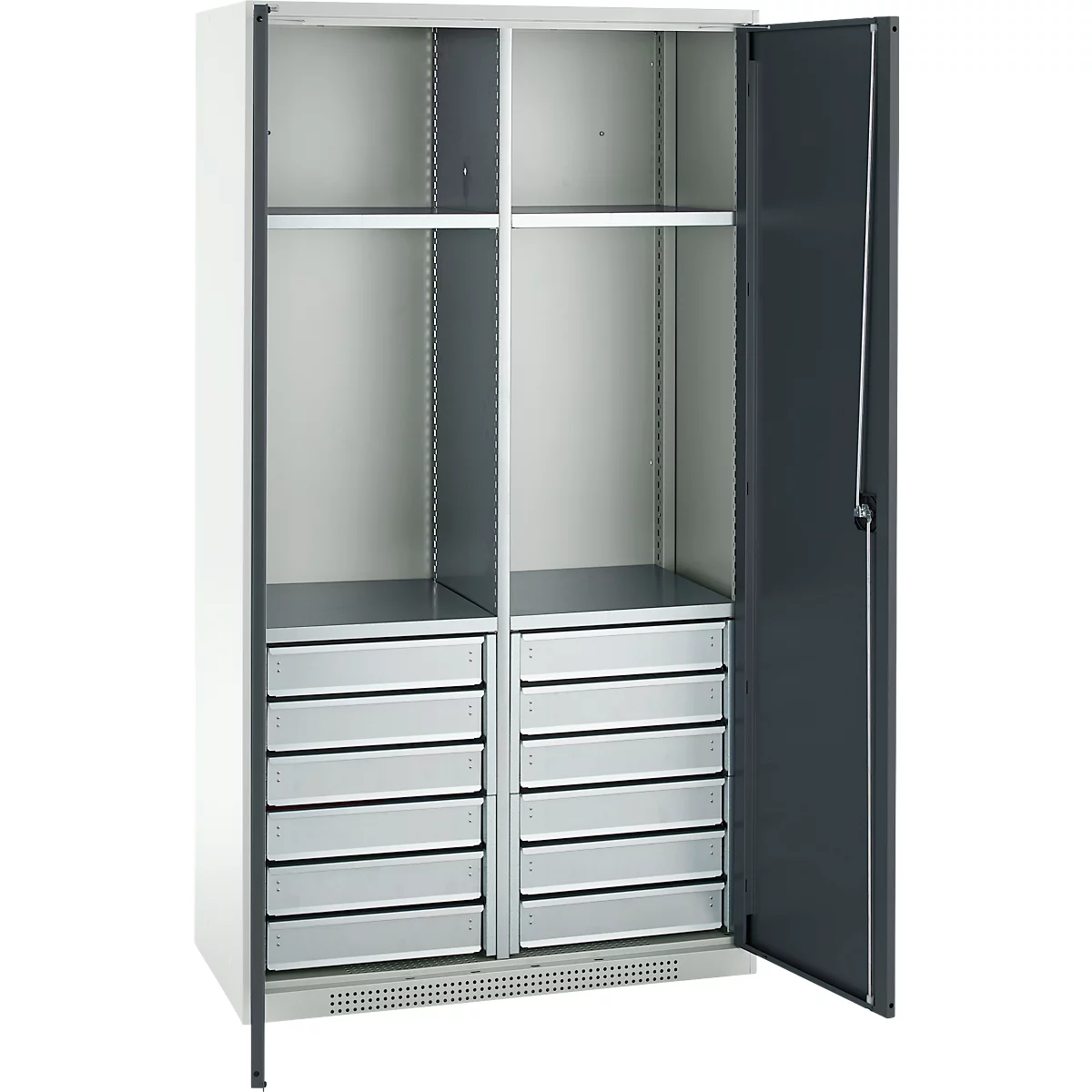 Schäfer Shop Genius materiaalkast FS, 5 OH, afsluitbaar, 4 legborden/12 laden, tot 450 kg, B 1055 x D 520 x H 1950 mm, staal, lichtgrijs/antracietgrijs