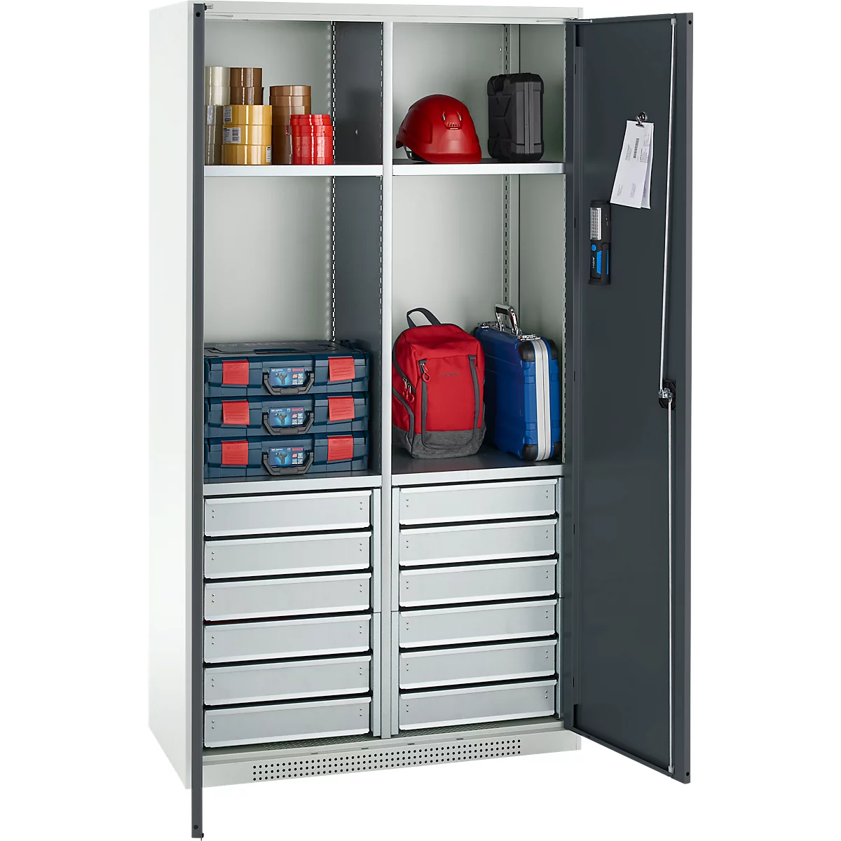 Schäfer Shop Genius materiaalkast FS, 5 OH, afsluitbaar, 4 legborden/12 laden, tot 450 kg, B 1055 x D 520 x H 1950 mm, staal, lichtgrijs/antracietgrijs