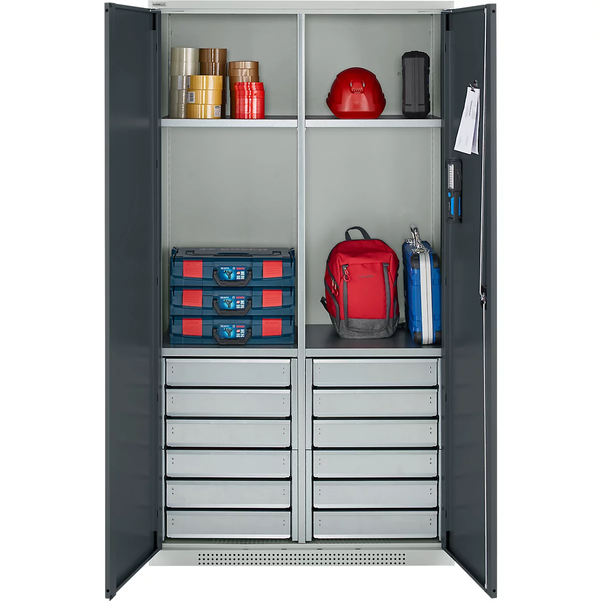 Schäfer Shop Genius materiaalkast FS, 5 OH, afsluitbaar, 4 legborden/12 laden, tot 450 kg, B 1055 x D 520 x H 1950 mm, staal, lichtgrijs/antracietgrijs