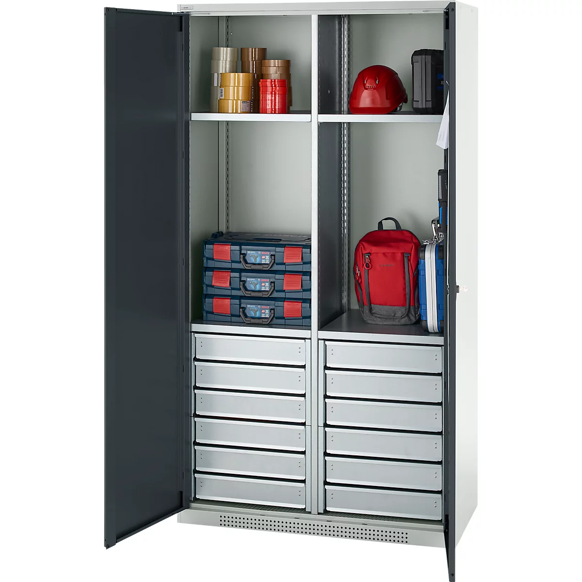 Schäfer Shop Genius materiaalkast FS, 5 OH, afsluitbaar, 4 legborden/12 laden, tot 450 kg, B 1055 x D 520 x H 1950 mm, staal, lichtgrijs/antracietgrijs