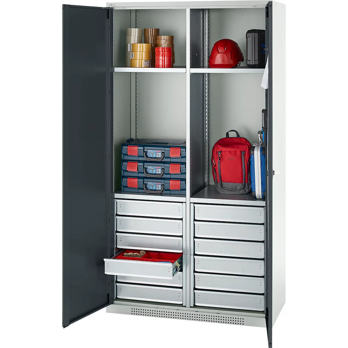 Schäfer Shop Genius materiaalkast FS, 5 OH, afsluitbaar, 4 legborden/12 laden, tot 450 kg, B 1055 x D 520 x H 1950 mm, staal, lichtgrijs/antracietgrijs