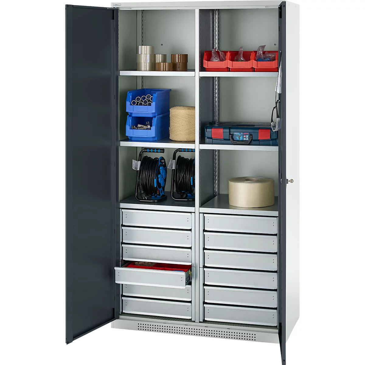 Schäfer Shop Genius materiaalkast FS, 5 OH, afsluitbaar, 4 legborden/12 laden, tot 450 kg, B 1055 x D 520 x H 1950 mm, staal, lichtgrijs/antracietgrijs
