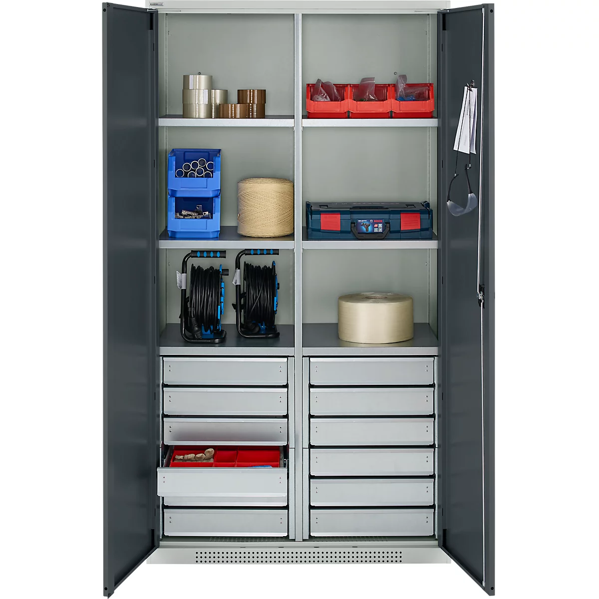 Schäfer Shop Genius materiaalkast FS, 5 OH, afsluitbaar, 4 legborden/12 laden, tot 450 kg, B 1055 x D 520 x H 1950 mm, staal, lichtgrijs/antracietgrijs