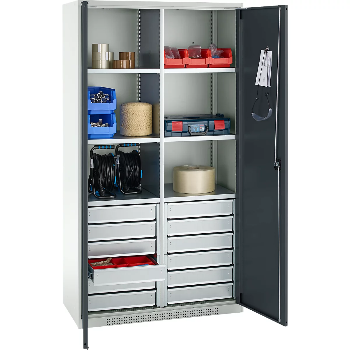 Schäfer Shop Genius materiaalkast FS, 5 OH, afsluitbaar, 4 legborden/12 laden, tot 450 kg, B 1055 x D 520 x H 1950 mm, staal, lichtgrijs/antracietgrijs