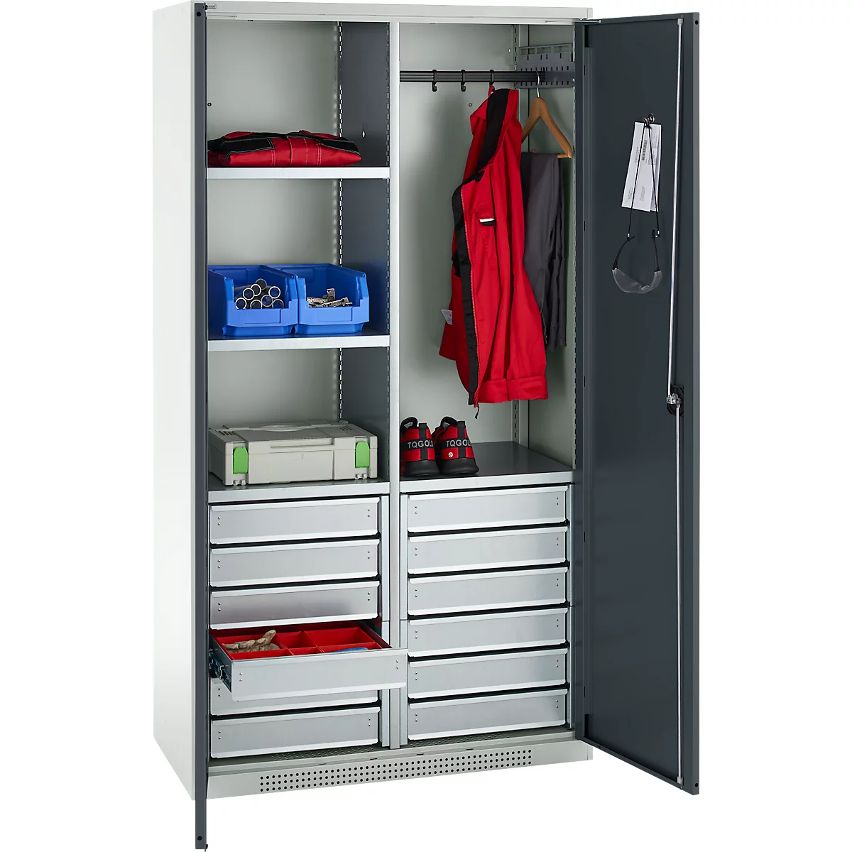 Schäfer Shop Genius materiaalkast FS, 5 OH, afsluitbaar, 4 legborden/12 laden, tot 450 kg, B 1055 x D 520 x H 1950 mm, staal, lichtgrijs/antracietgrijs