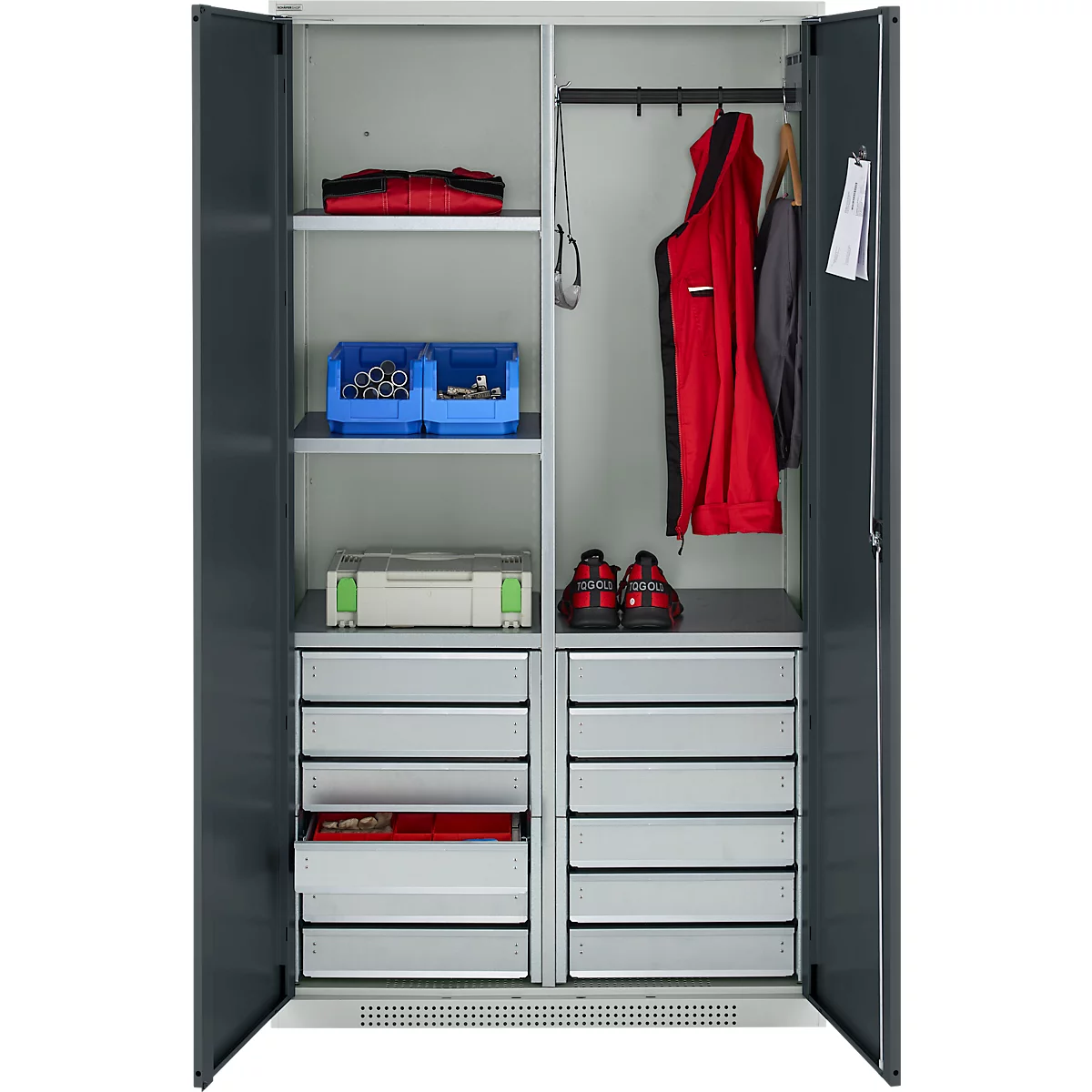 Schäfer Shop Genius materiaalkast FS, 5 OH, afsluitbaar, 4 legborden/12 laden, tot 450 kg, B 1055 x D 520 x H 1950 mm, staal, lichtgrijs/antracietgrijs