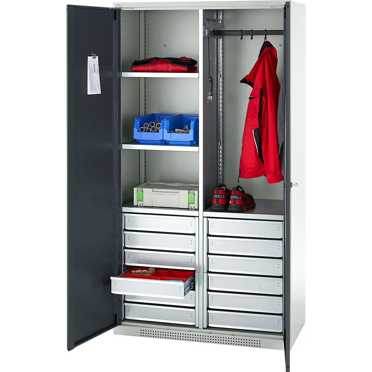 Schäfer Shop Genius materiaalkast FS, 5 OH, afsluitbaar, 4 legborden/12 laden, tot 450 kg, B 1055 x D 520 x H 1950 mm, staal, lichtgrijs/antracietgrijs