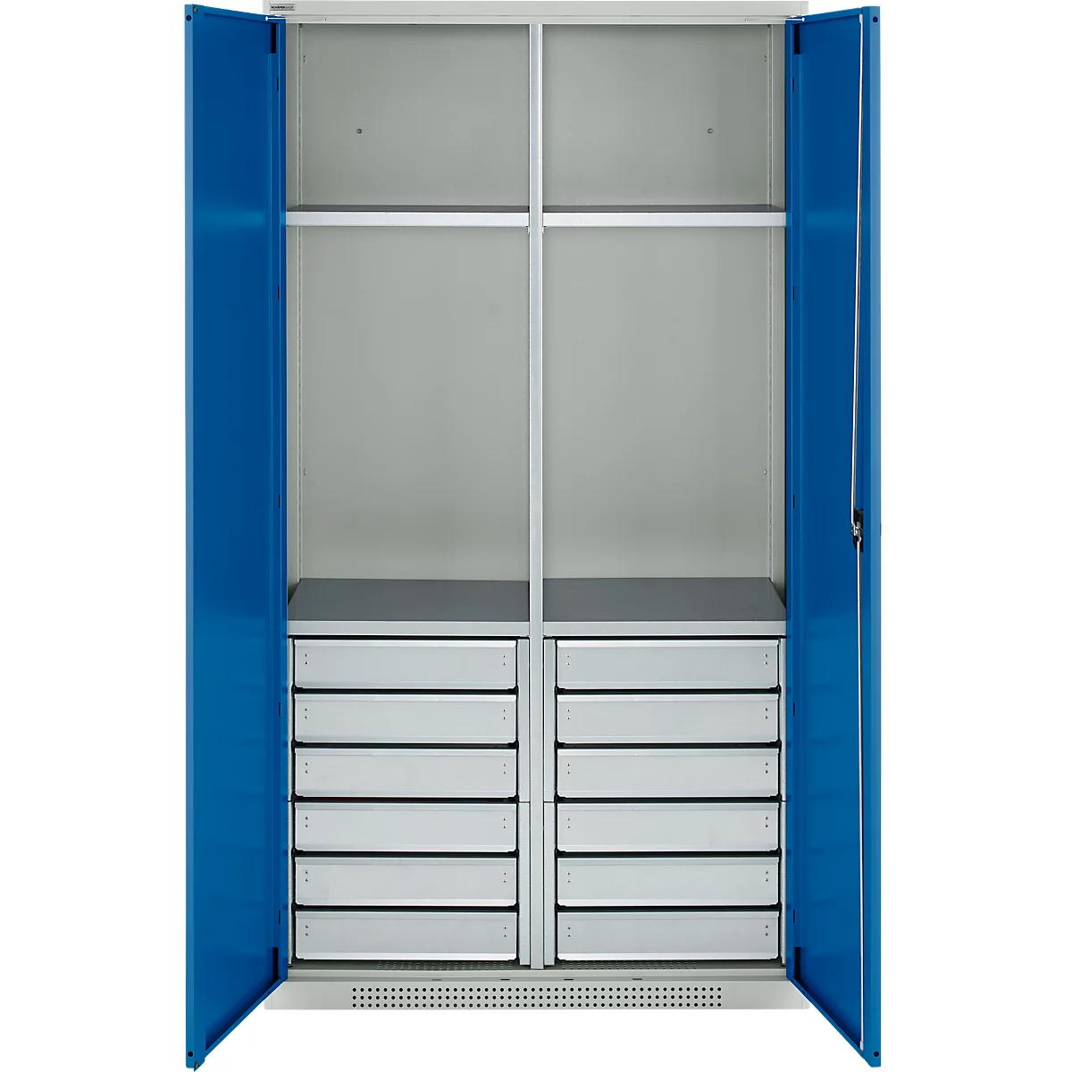 Schäfer Shop Genius materiaalkast FS, 5 OH, afsluitbaar, 4 legborden/12 laden, tot 450 kg, B 1055 x D 520 x H 1950 mm, staal, lichtgrijs/gentiaanblauw
