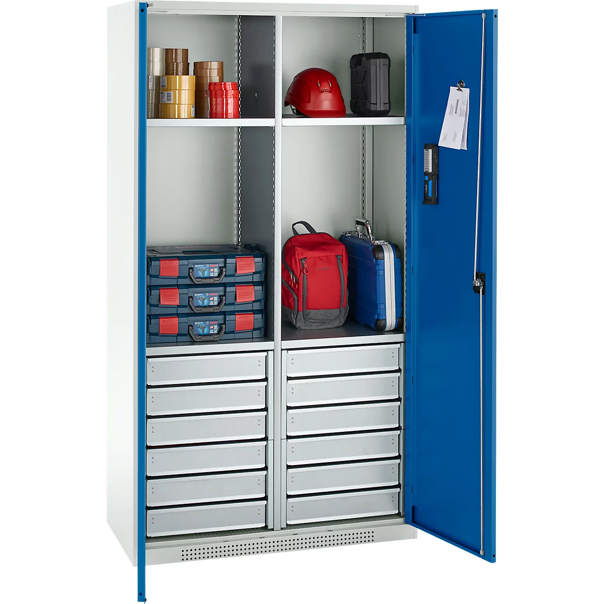 Schäfer Shop Genius materiaalkast FS, 5 OH, afsluitbaar, 4 legborden/12 laden, tot 450 kg, B 1055 x D 520 x H 1950 mm, staal, lichtgrijs/gentiaanblauw