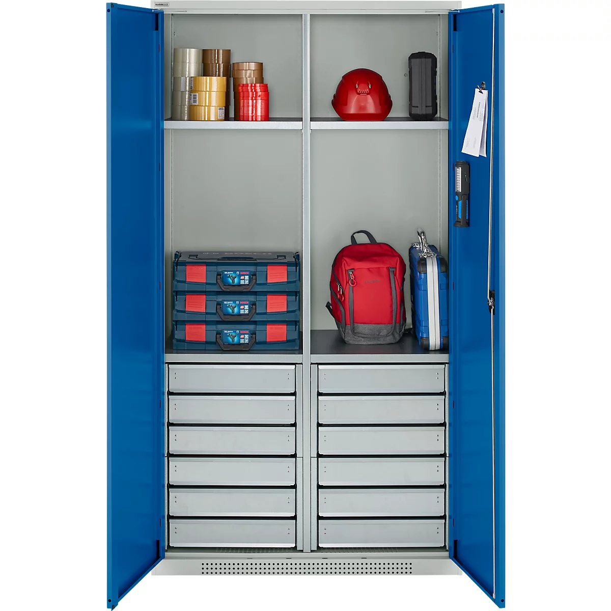 Schäfer Shop Genius materiaalkast FS, 5 OH, afsluitbaar, 4 legborden/12 laden, tot 450 kg, B 1055 x D 520 x H 1950 mm, staal, lichtgrijs/gentiaanblauw