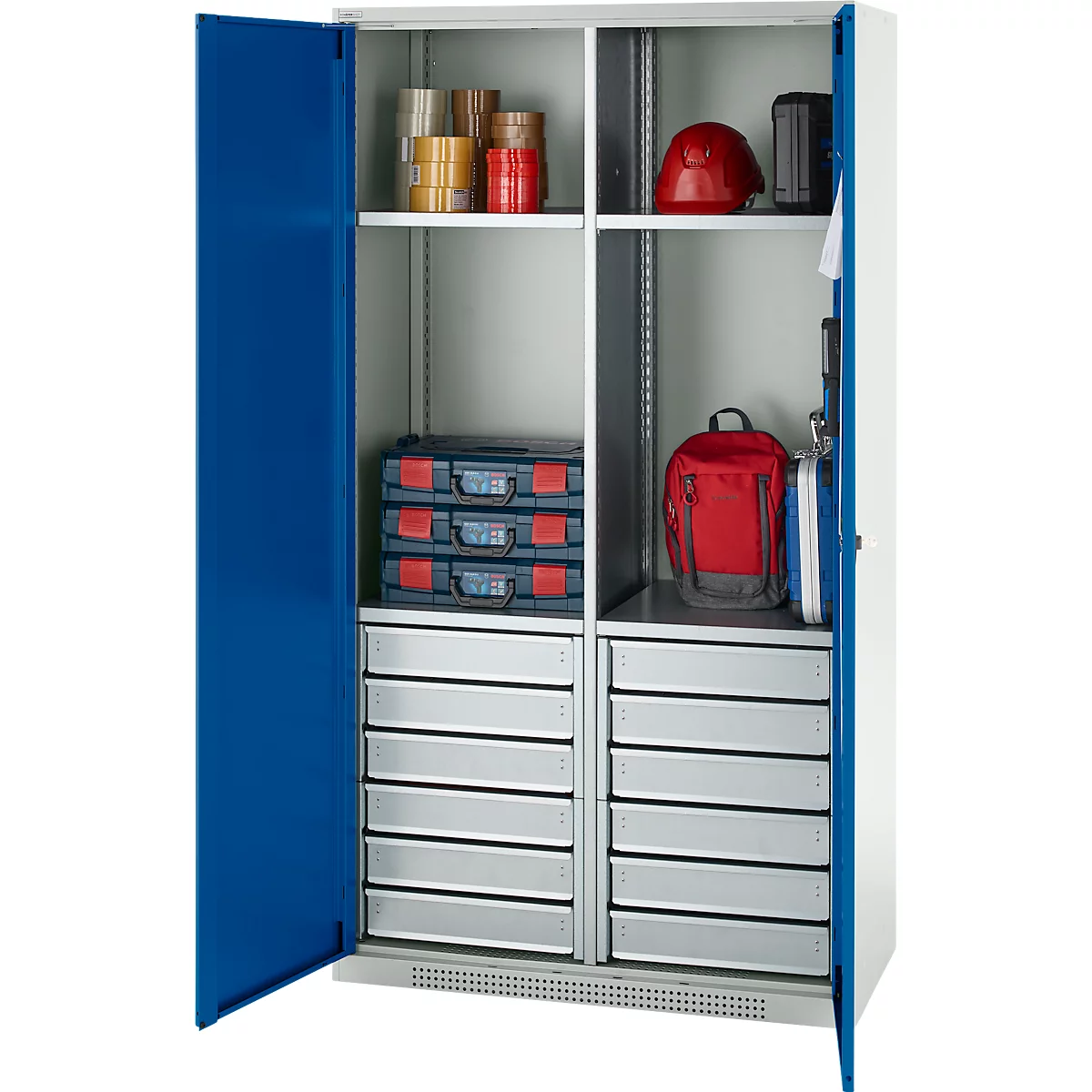 Schäfer Shop Genius materiaalkast FS, 5 OH, afsluitbaar, 4 legborden/12 laden, tot 450 kg, B 1055 x D 520 x H 1950 mm, staal, lichtgrijs/gentiaanblauw