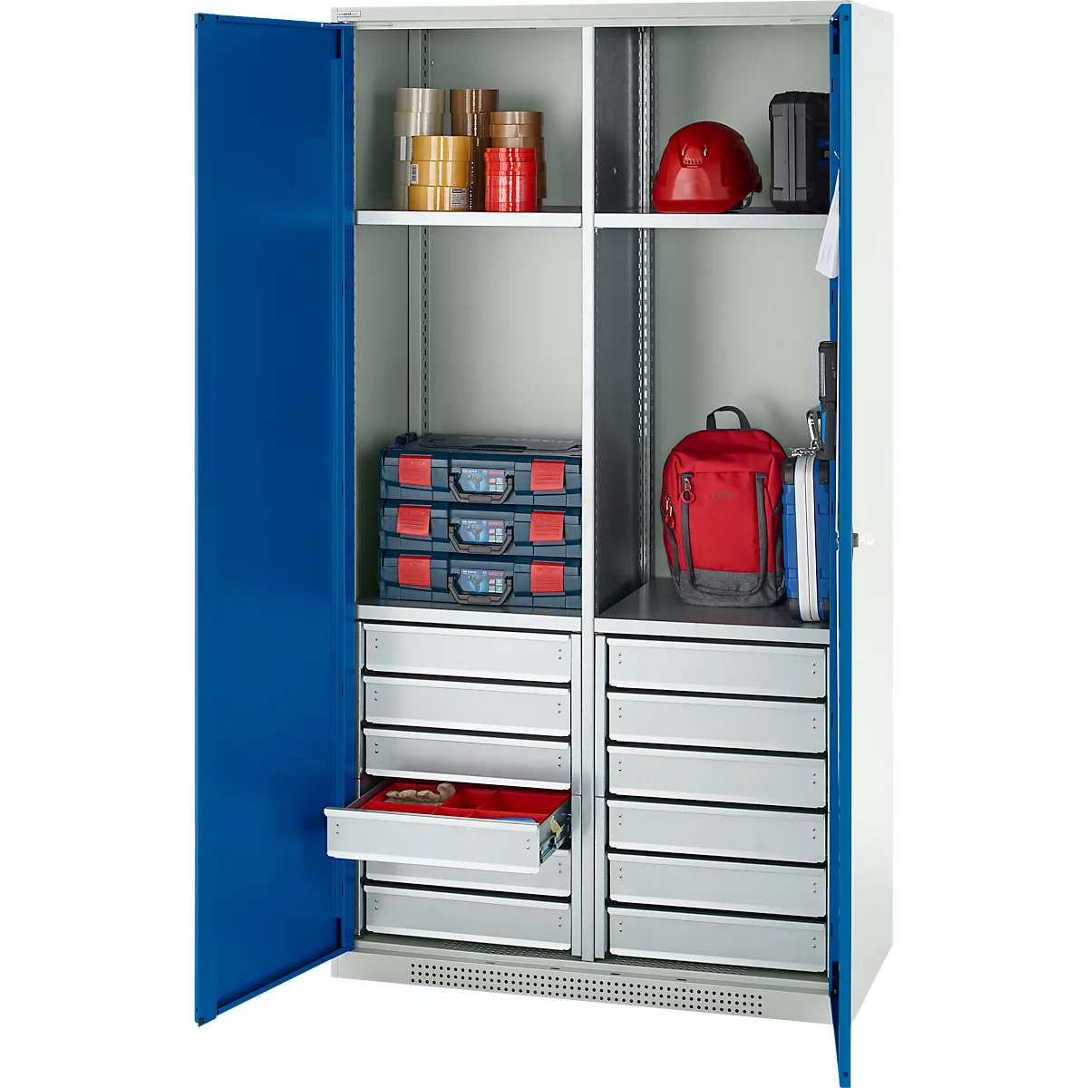 Schäfer Shop Genius materiaalkast FS, 5 OH, afsluitbaar, 4 legborden/12 laden, tot 450 kg, B 1055 x D 520 x H 1950 mm, staal, lichtgrijs/gentiaanblauw