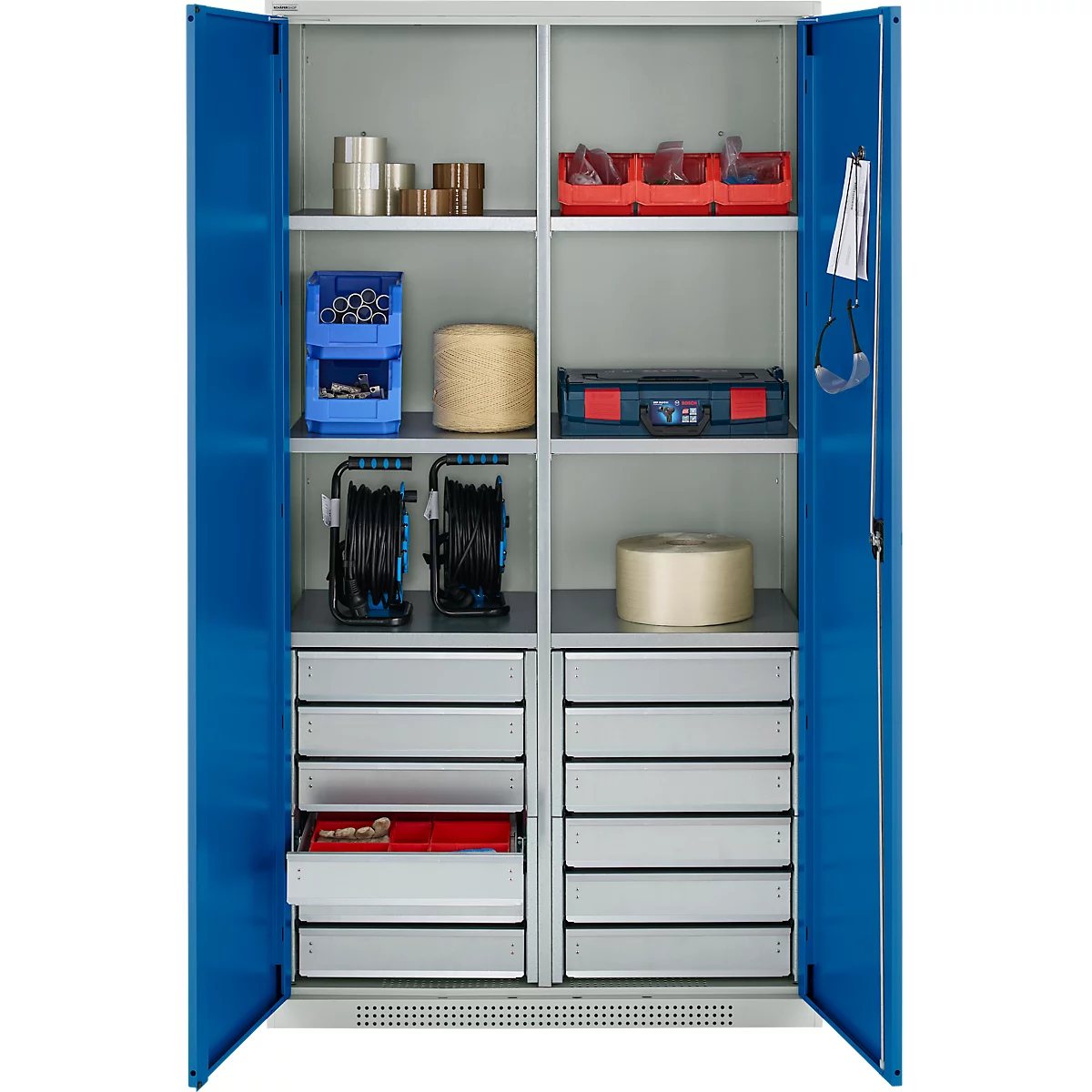 Schäfer Shop Genius materiaalkast FS, 5 OH, afsluitbaar, 4 legborden/12 laden, tot 450 kg, B 1055 x D 520 x H 1950 mm, staal, lichtgrijs/gentiaanblauw