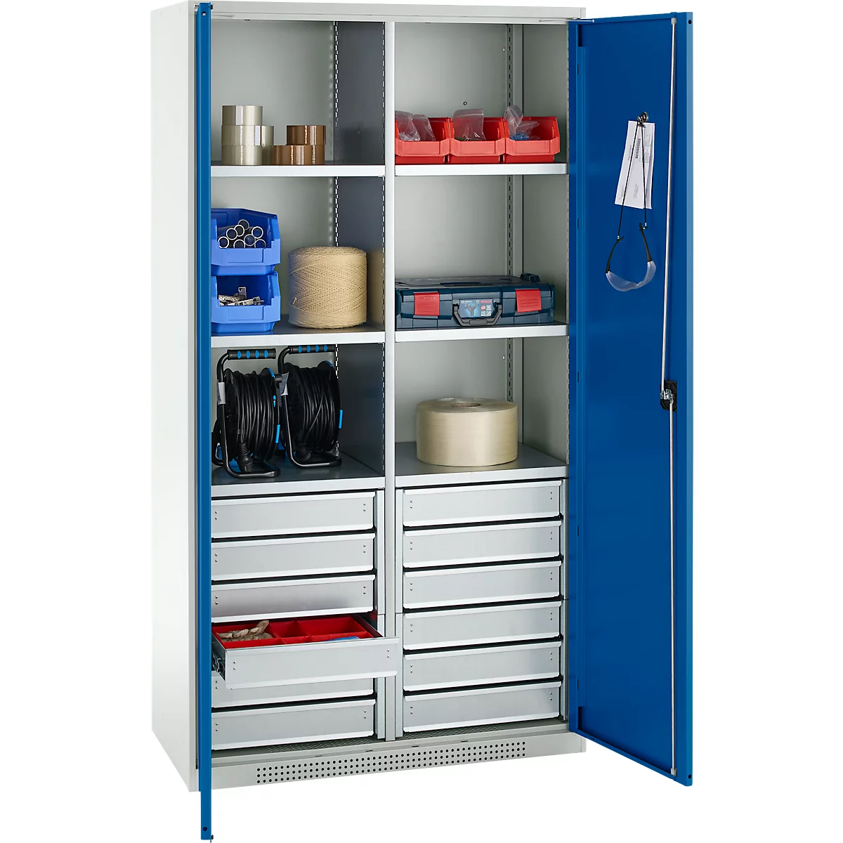 Schäfer Shop Genius materiaalkast FS, 5 OH, afsluitbaar, 4 legborden/12 laden, tot 450 kg, B 1055 x D 520 x H 1950 mm, staal, lichtgrijs/gentiaanblauw