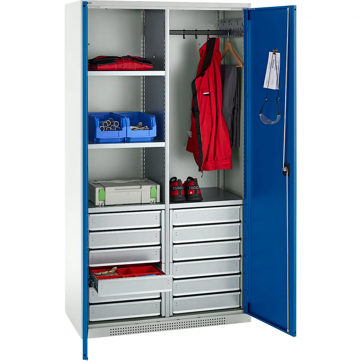 Schäfer Shop Genius materiaalkast FS, 5 OH, afsluitbaar, 4 legborden/12 laden, tot 450 kg, B 1055 x D 520 x H 1950 mm, staal, lichtgrijs/gentiaanblauw