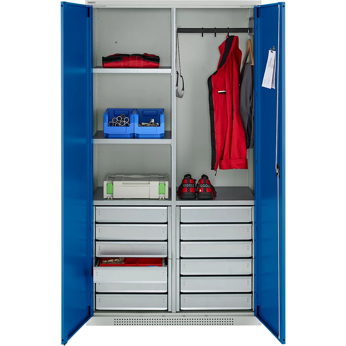 Schäfer Shop Genius materiaalkast FS, 5 OH, afsluitbaar, 4 legborden/12 laden, tot 450 kg, B 1055 x D 520 x H 1950 mm, staal, lichtgrijs/gentiaanblauw