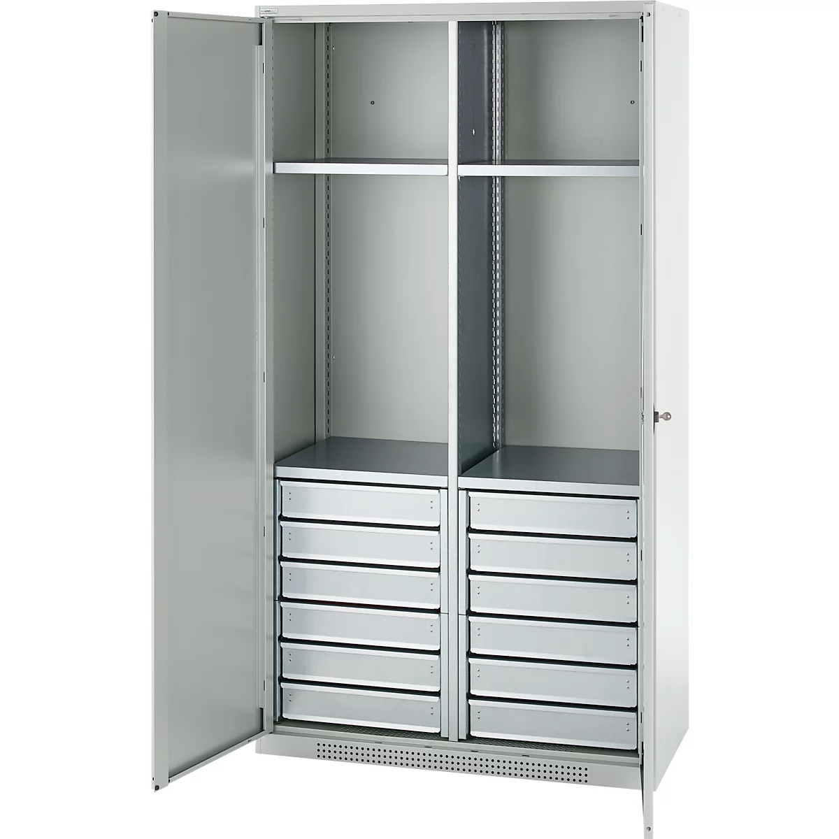 Schäfer Shop Genius materiaalkast FS, 5 OH, afsluitbaar, 4 legborden/12 laden, tot 450 kg, B 1055 x D 520 x H 1950 mm, staal, lichtgrijs/lichtgrijs