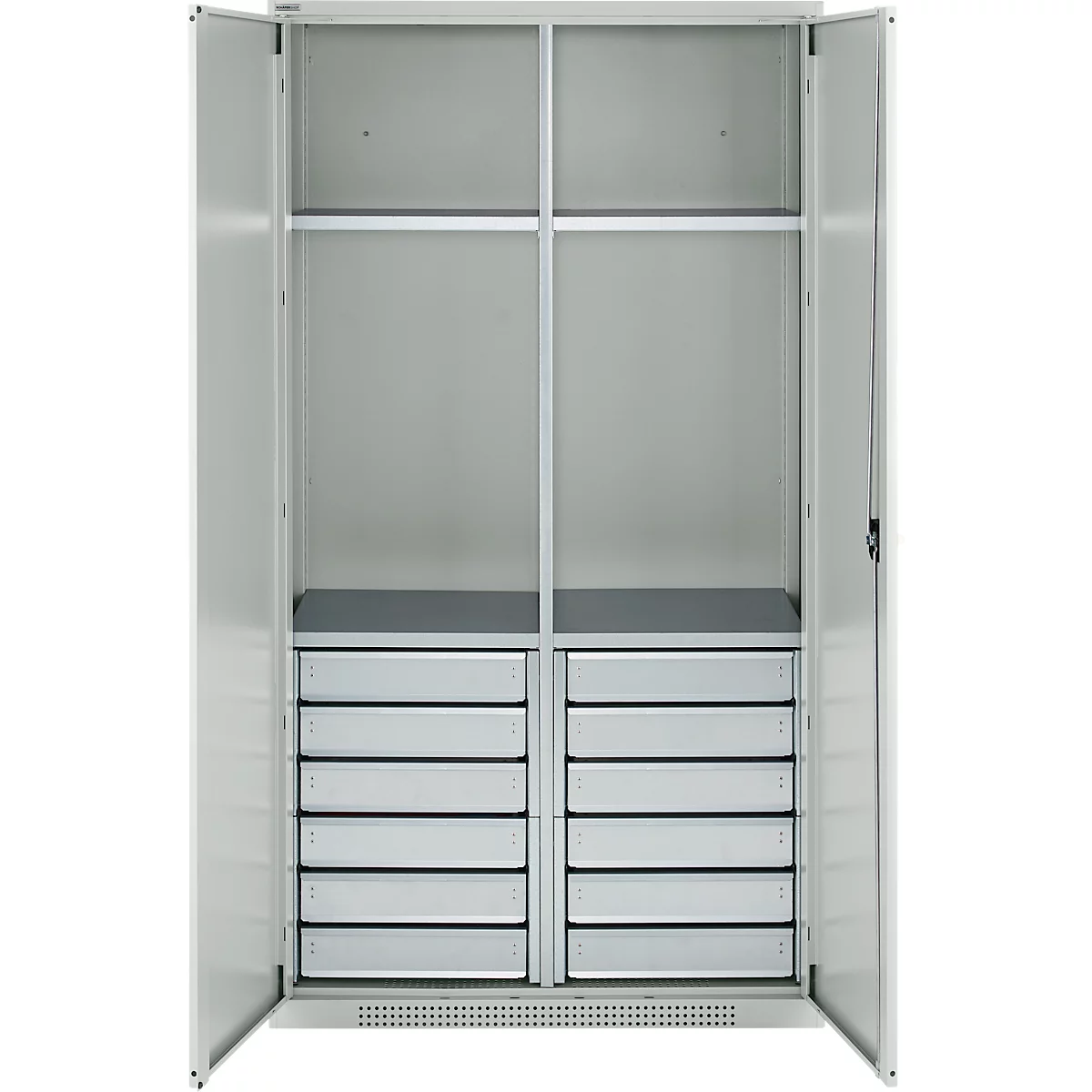 Schäfer Shop Genius materiaalkast FS, 5 OH, afsluitbaar, 4 legborden/12 laden, tot 450 kg, B 1055 x D 520 x H 1950 mm, staal, lichtgrijs/lichtgrijs