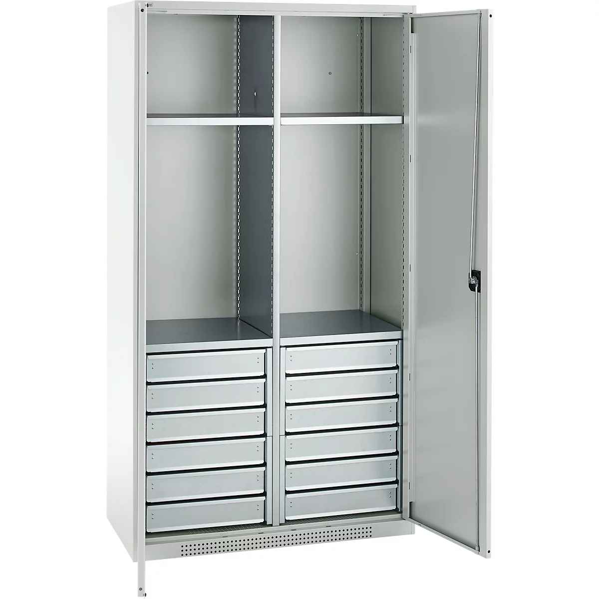 Schäfer Shop Genius materiaalkast FS, 5 OH, afsluitbaar, 4 legborden/12 laden, tot 450 kg, B 1055 x D 520 x H 1950 mm, staal, lichtgrijs/lichtgrijs
