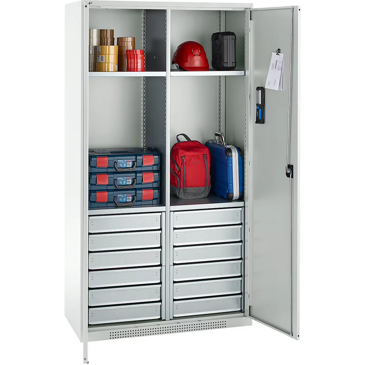 Schäfer Shop Genius materiaalkast FS, 5 OH, afsluitbaar, 4 legborden/12 laden, tot 450 kg, B 1055 x D 520 x H 1950 mm, staal, lichtgrijs/lichtgrijs