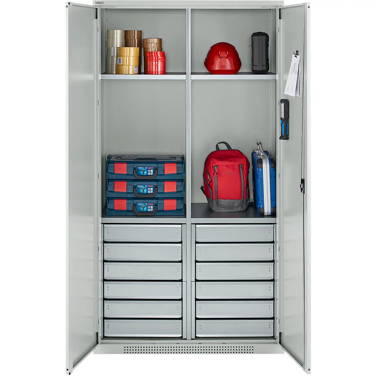 Schäfer Shop Genius materiaalkast FS, 5 OH, afsluitbaar, 4 legborden/12 laden, tot 450 kg, B 1055 x D 520 x H 1950 mm, staal, lichtgrijs/lichtgrijs