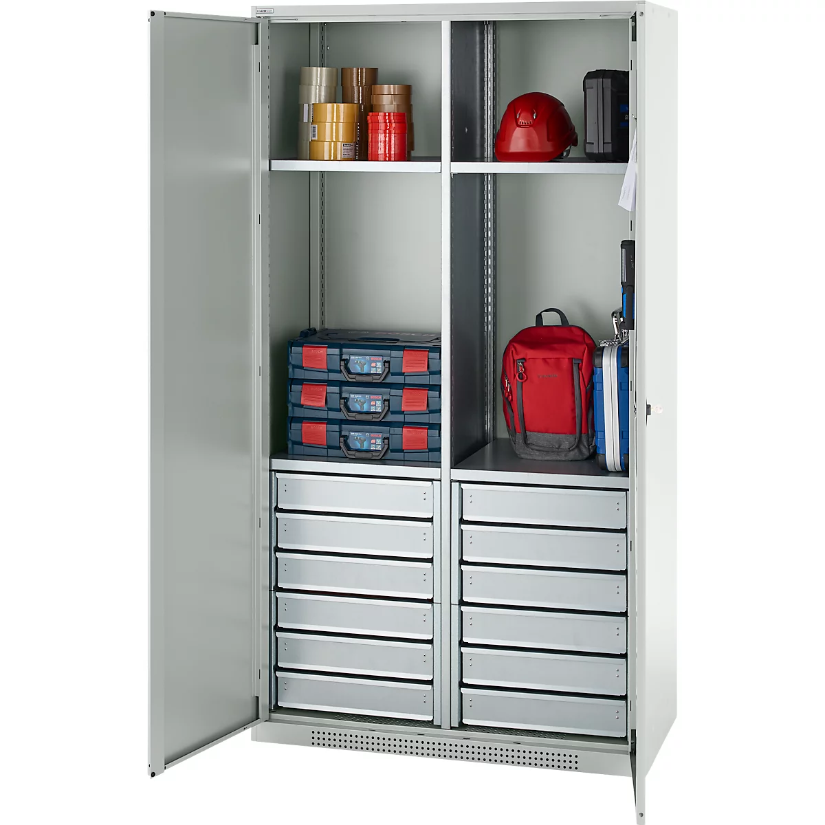 Schäfer Shop Genius materiaalkast FS, 5 OH, afsluitbaar, 4 legborden/12 laden, tot 450 kg, B 1055 x D 520 x H 1950 mm, staal, lichtgrijs/lichtgrijs