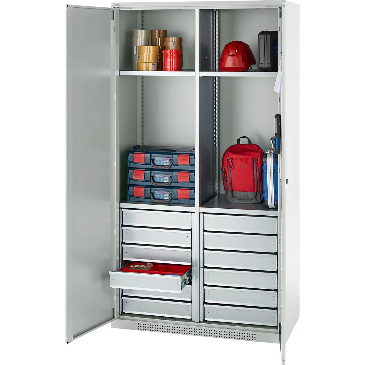 Schäfer Shop Genius materiaalkast FS, 5 OH, afsluitbaar, 4 legborden/12 laden, tot 450 kg, B 1055 x D 520 x H 1950 mm, staal, lichtgrijs/lichtgrijs