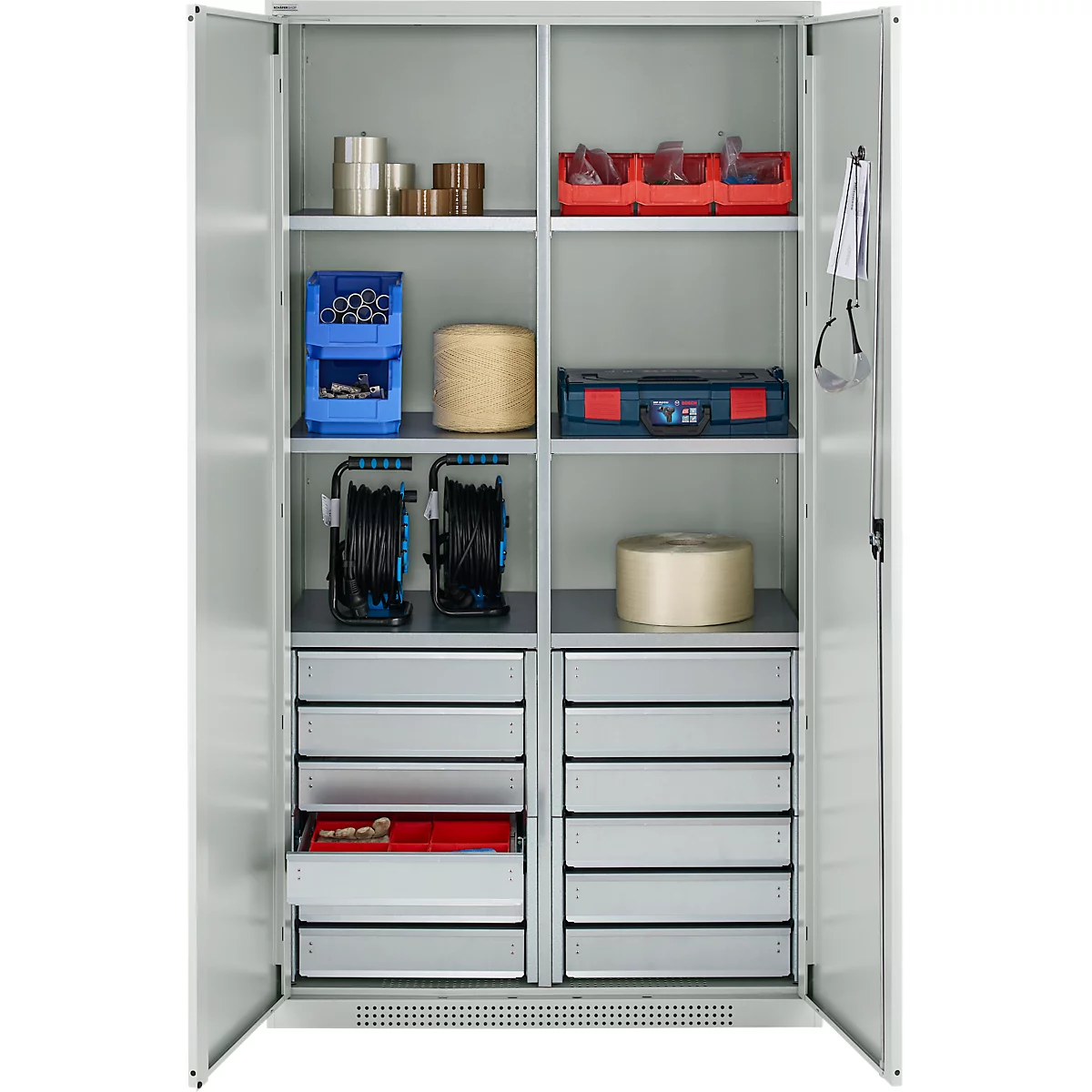 Schäfer Shop Genius materiaalkast FS, 5 OH, afsluitbaar, 4 legborden/12 laden, tot 450 kg, B 1055 x D 520 x H 1950 mm, staal, lichtgrijs/lichtgrijs