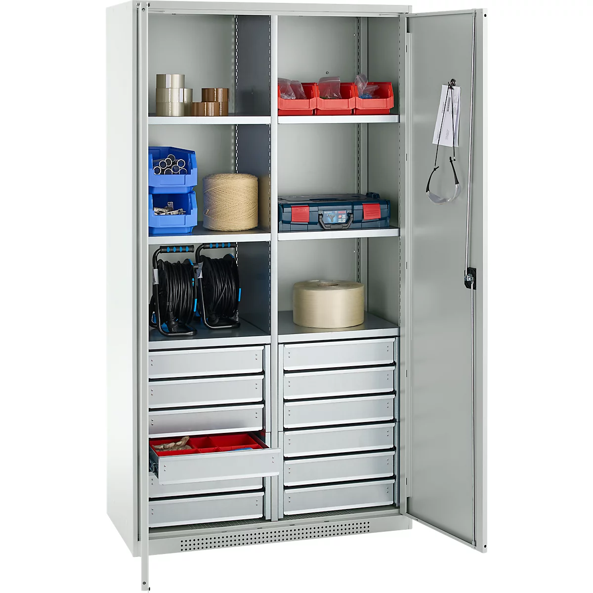 Schäfer Shop Genius materiaalkast FS, 5 OH, afsluitbaar, 4 legborden/12 laden, tot 450 kg, B 1055 x D 520 x H 1950 mm, staal, lichtgrijs/lichtgrijs