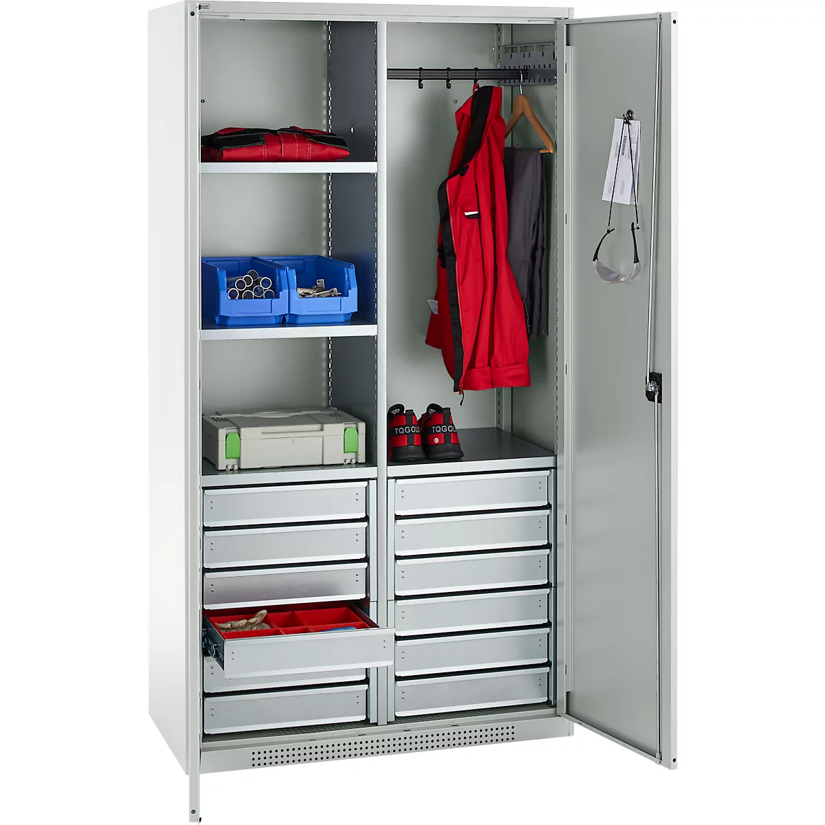 Schäfer Shop Genius materiaalkast FS, 5 OH, afsluitbaar, 4 legborden/12 laden, tot 450 kg, B 1055 x D 520 x H 1950 mm, staal, lichtgrijs/lichtgrijs