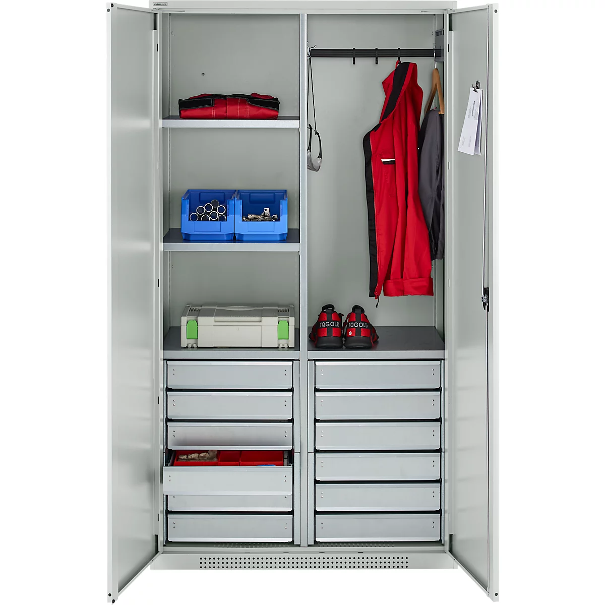 Schäfer Shop Genius materiaalkast FS, 5 OH, afsluitbaar, 4 legborden/12 laden, tot 450 kg, B 1055 x D 520 x H 1950 mm, staal, lichtgrijs/lichtgrijs