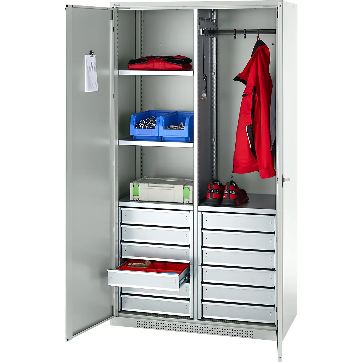 Schäfer Shop Genius materiaalkast FS, 5 OH, afsluitbaar, 4 legborden/12 laden, tot 450 kg, B 1055 x D 520 x H 1950 mm, staal, lichtgrijs/lichtgrijs