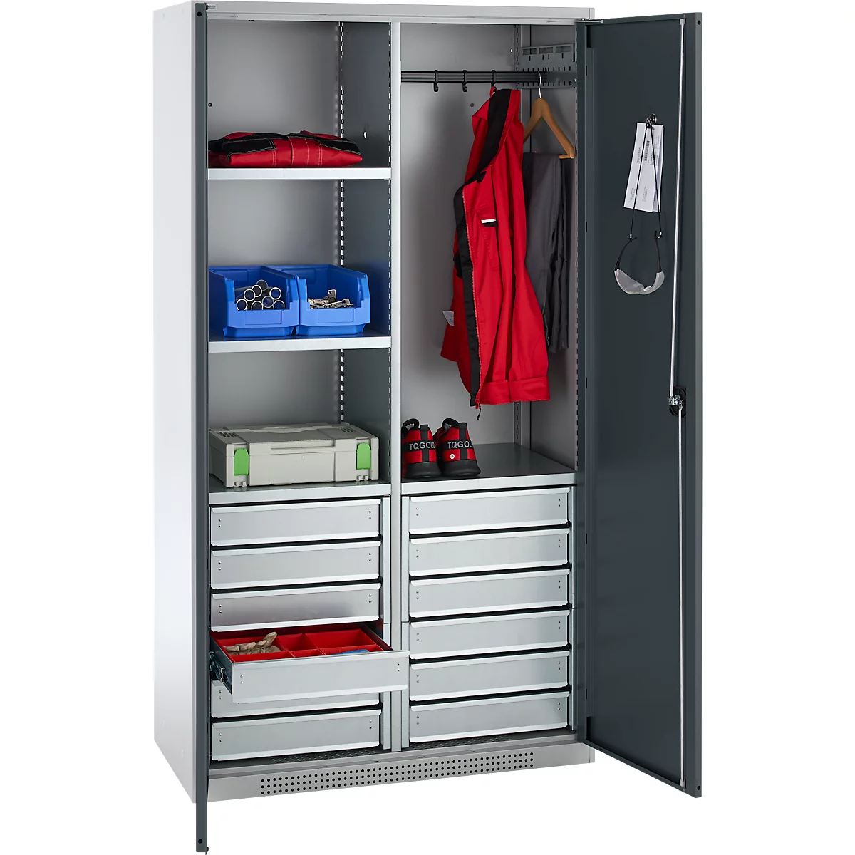 Schäfer Shop Genius materiaalkast FS, 5 OH, afsluitbaar, 4 legborden/12 laden, tot 450 kg, B 1055 x D 520 x H 1950 mm, staal, witaluminium/antracietgrijs