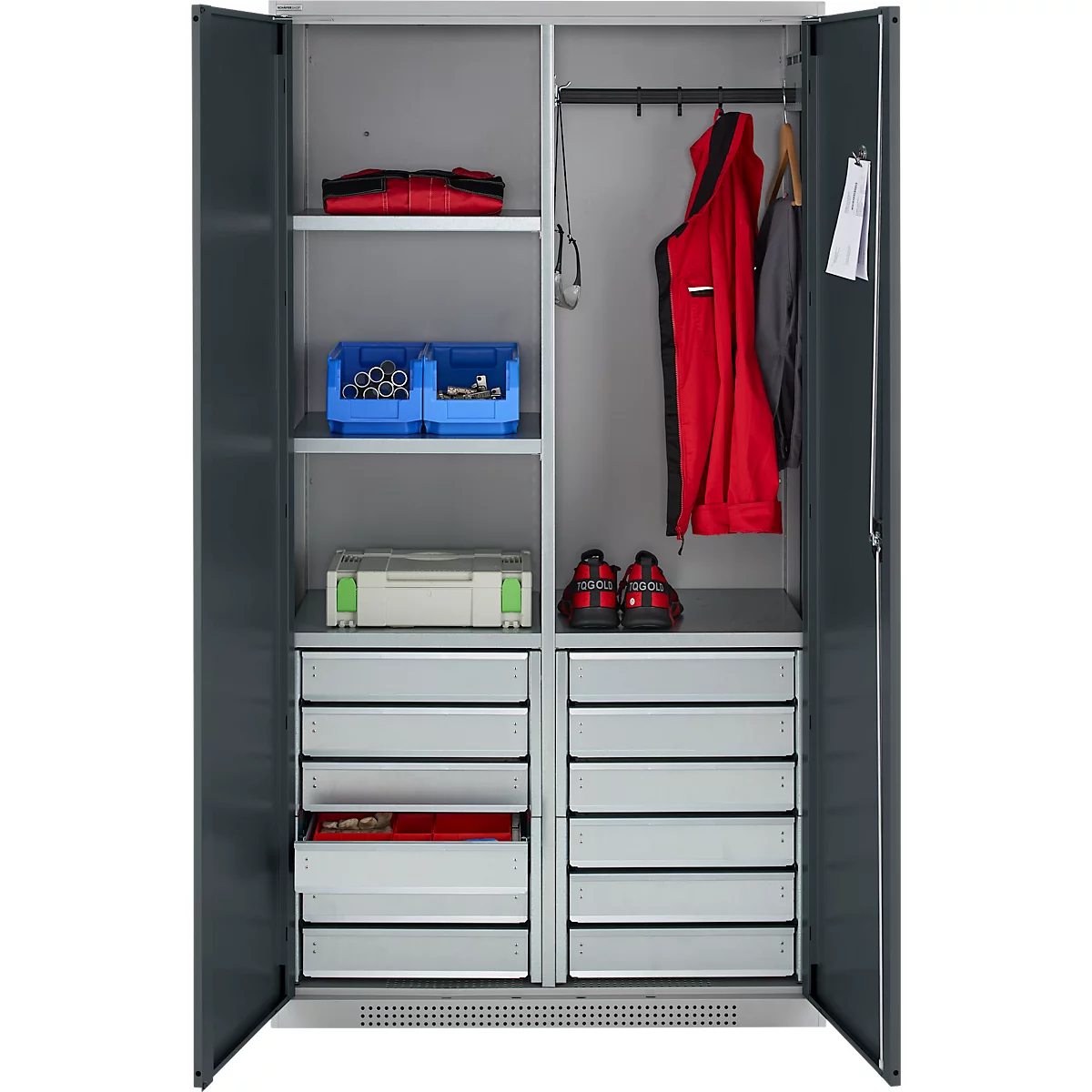 Schäfer Shop Genius materiaalkast FS, 5 OH, afsluitbaar, 4 legborden/12 laden, tot 450 kg, B 1055 x D 520 x H 1950 mm, staal, witaluminium/antracietgrijs