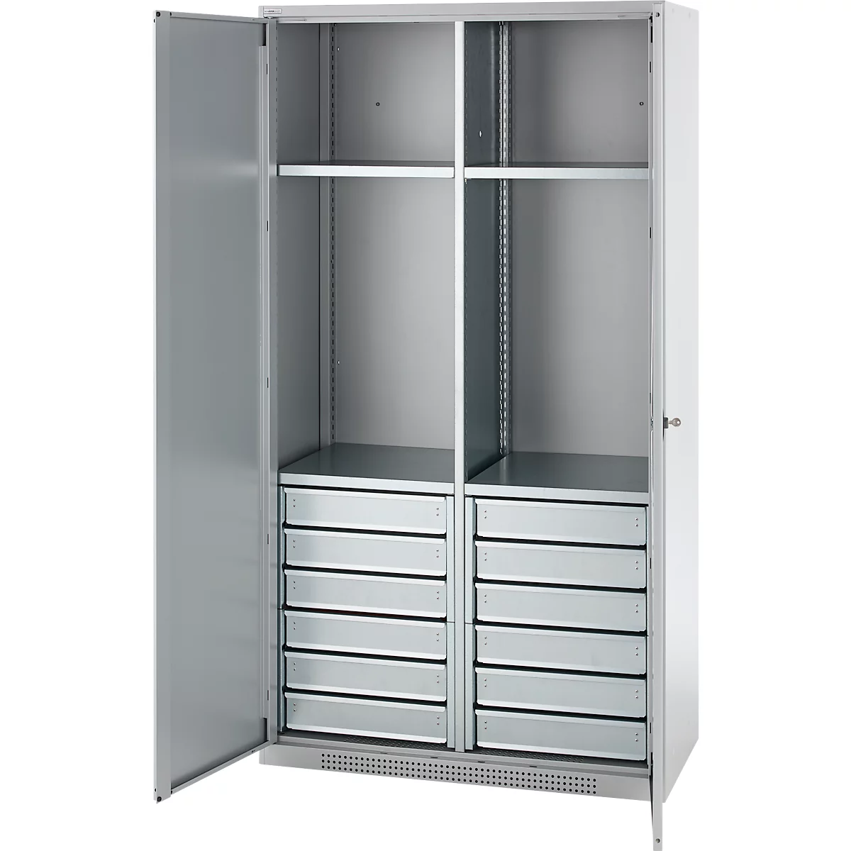 Schäfer Shop Genius materiaalkast FS, 5 OH, afsluitbaar, 4 legborden/12 laden, tot 450 kg, B 1055 x D 520 x H 1950 mm, staal, witaluminium/blank aluminium