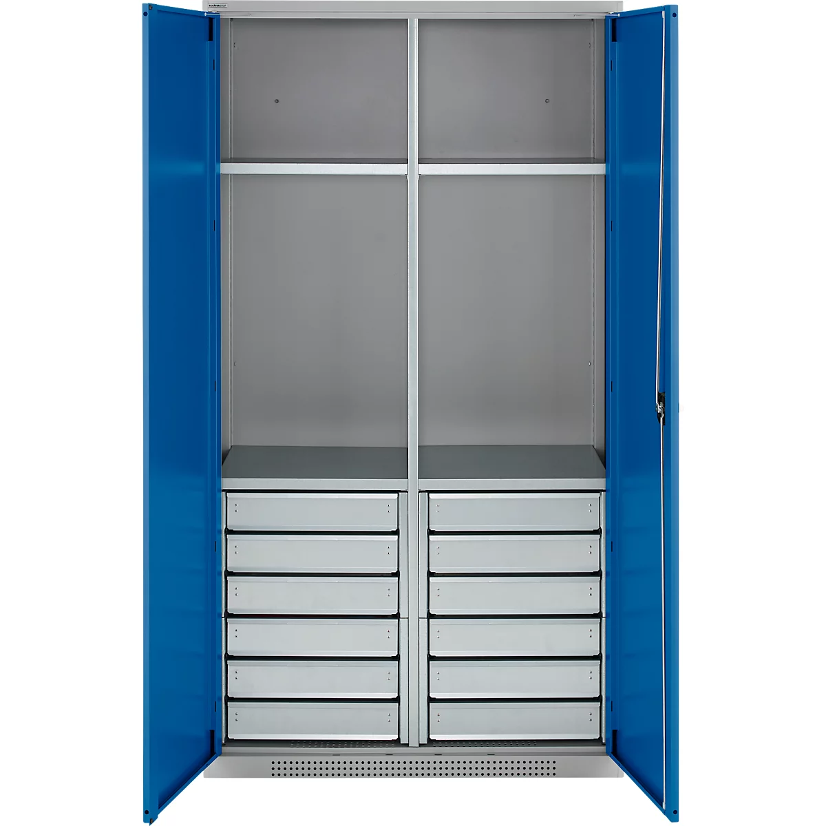Schäfer Shop Genius materiaalkast FS, 5 OH, afsluitbaar, 4 legborden/12 laden, tot 450 kg, B 1055 x D 520 x H 1950 mm, staal, witaluminium/ gentiaanblauw
