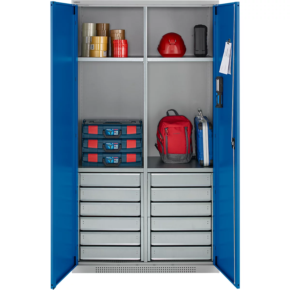 Schäfer Shop Genius materiaalkast FS, 5 OH, afsluitbaar, 4 legborden/12 laden, tot 450 kg, B 1055 x D 520 x H 1950 mm, staal, witaluminium/ gentiaanblauw