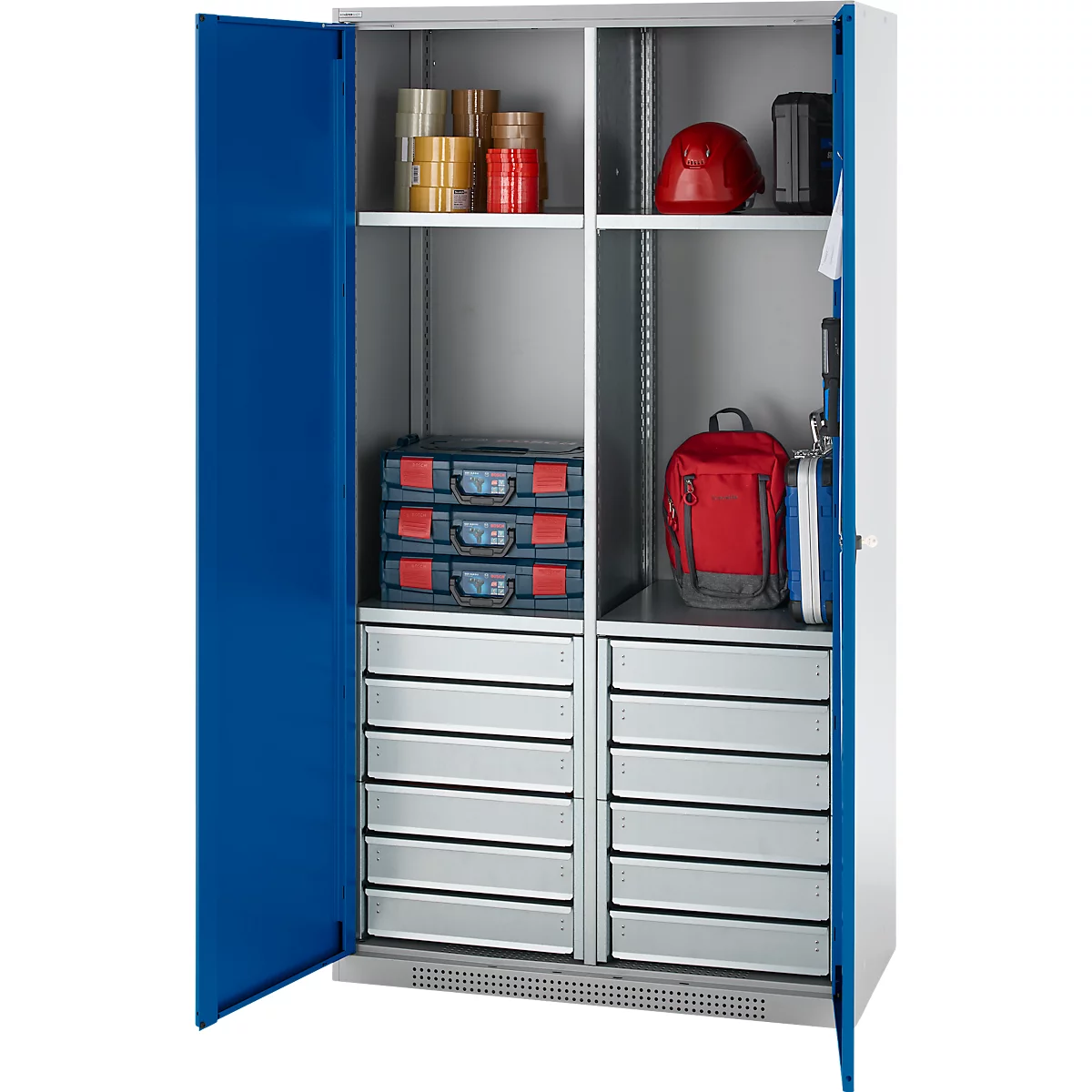 Schäfer Shop Genius materiaalkast FS, 5 OH, afsluitbaar, 4 legborden/12 laden, tot 450 kg, B 1055 x D 520 x H 1950 mm, staal, witaluminium/ gentiaanblauw