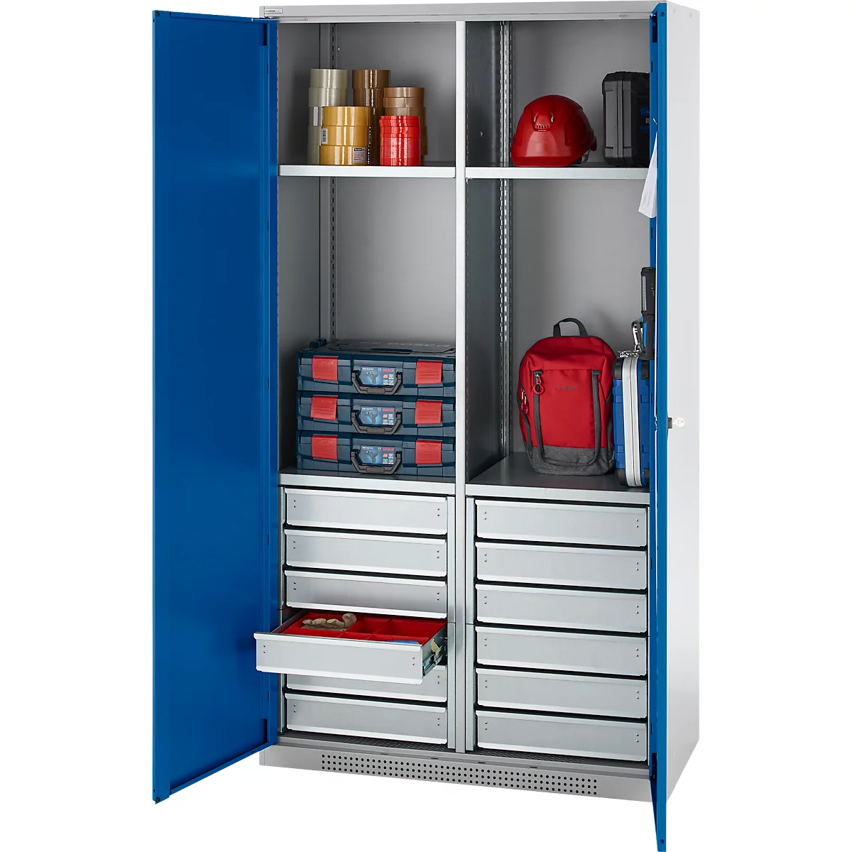 Schäfer Shop Genius materiaalkast FS, 5 OH, afsluitbaar, 4 legborden/12 laden, tot 450 kg, B 1055 x D 520 x H 1950 mm, staal, witaluminium/ gentiaanblauw