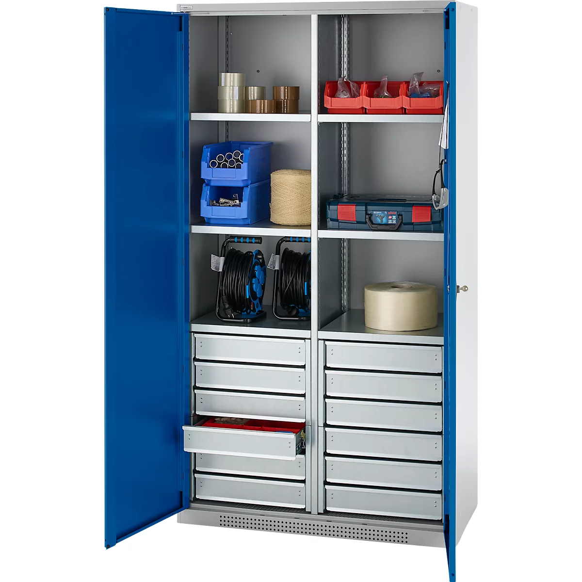 Schäfer Shop Genius materiaalkast FS, 5 OH, afsluitbaar, 4 legborden/12 laden, tot 450 kg, B 1055 x D 520 x H 1950 mm, staal, witaluminium/ gentiaanblauw